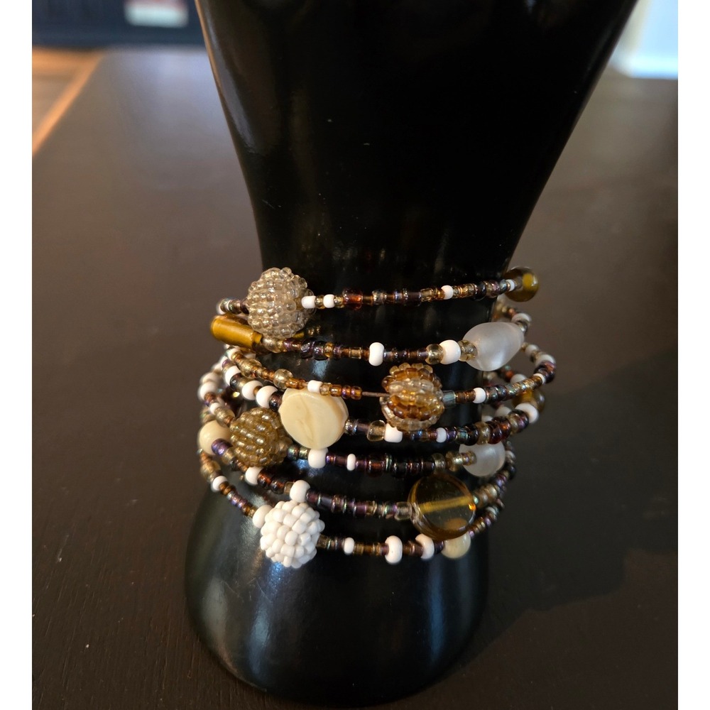 Bohemian Multi Strand Beaded Memory Wire Wrap Bracelet Earth Tones Amber Brown